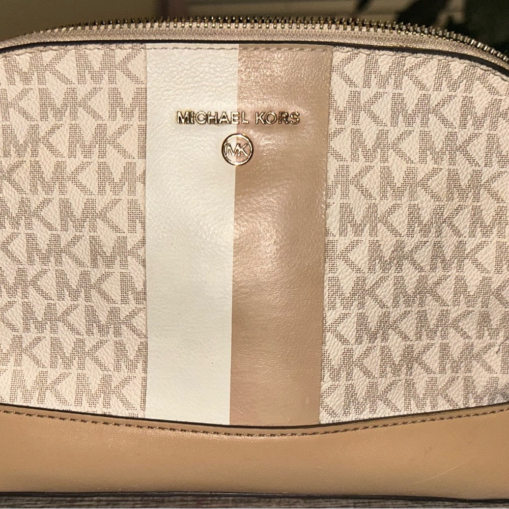 Michael Kors Tan and White Cosmetic Bag